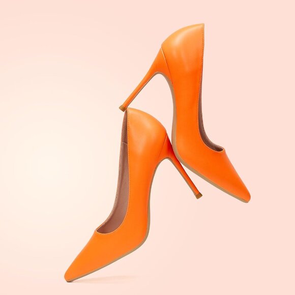 Women Orange Polyurethane Closed Pointed Toe Stiletto High Heel Shoes Pumps - Picture 7 of 9